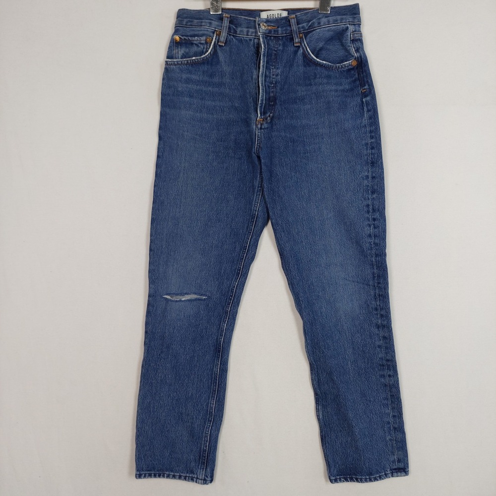 Agolde Riley High Rise Straight Leg Jeans Indigo Distressed A056C-813 Size 25